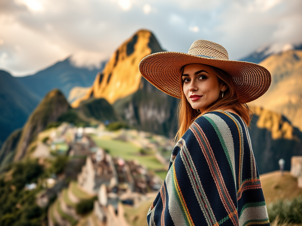 Create an image of a woman wearing a stylish poncho and wide-brimmed hat in front of Machu Picchu, using a Canon EOS R5 with a 50mm lens at f/1.8, ISO 100, shutter speed 1/200s, in a vibrant, cinematic style.
