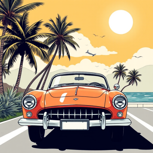 vintage car illustration with a tropical background, sunny sky, detailed line art, 50mm lens, f/5.6 aperture, ISO 100, bright daylight, landscape orientation, high-resolution digital art