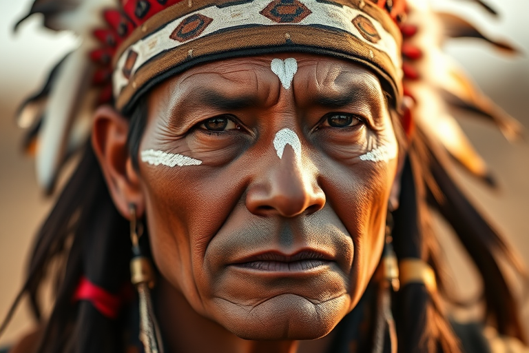 create a hyper-realistic portrait of a Native American man with traditional face paint and feathers in his hair, captured with a Canon EOS R5, 85mm lens, f/1.4 aperture, ISO 100, natural light, shallow depth of field, warm color grading, focus on facial details and textures