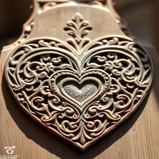 Create an intricate heart design featuring ornate patterns with a central heart shape, captured in high resolution using a DSLR camera with a 50mm lens, aperture set at f/2.8 for depth of field, in soft natural lighting with a shallow depth of field to enhance the details and textures.