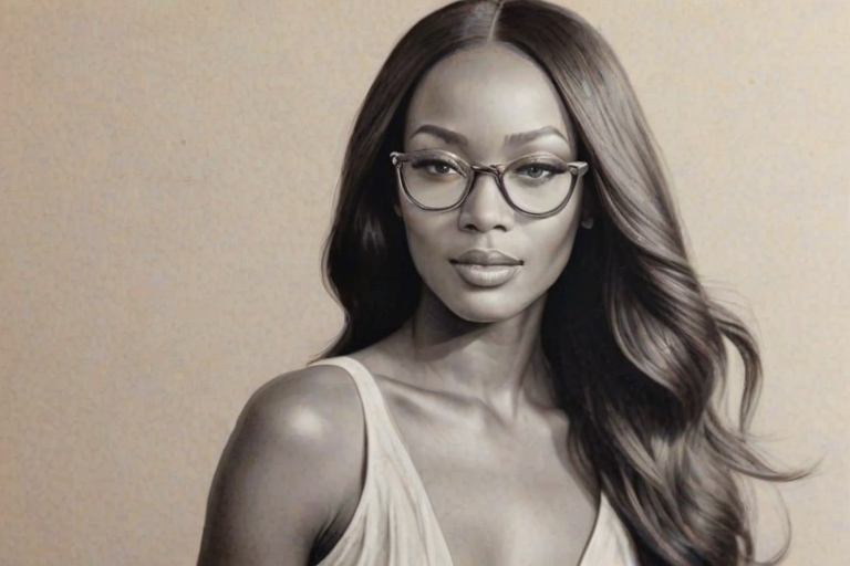 Beauteous Naomi Campbell, pencil sketch, portrait of Beauteous woman 1937s in glasses, hair style beatnik, outline, clear lines, fine lines, 8k