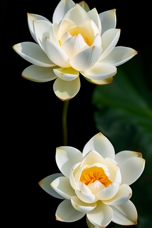 Photograph two white lotus flowers on a black background, using a macro lens, f/2.8 aperture, ISO 100, 1/200 sec shutter speed, natural lighting, taken with a DSLR camera.