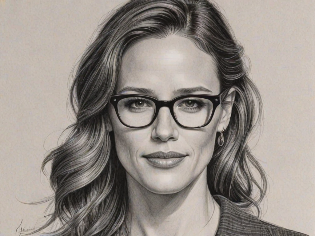 Beauteous Jennifer Garner, pencil sketch, portrait of Sublime woman 1935s in glasses, hair style beatnik, outline, clear lines, fine lines, 8k