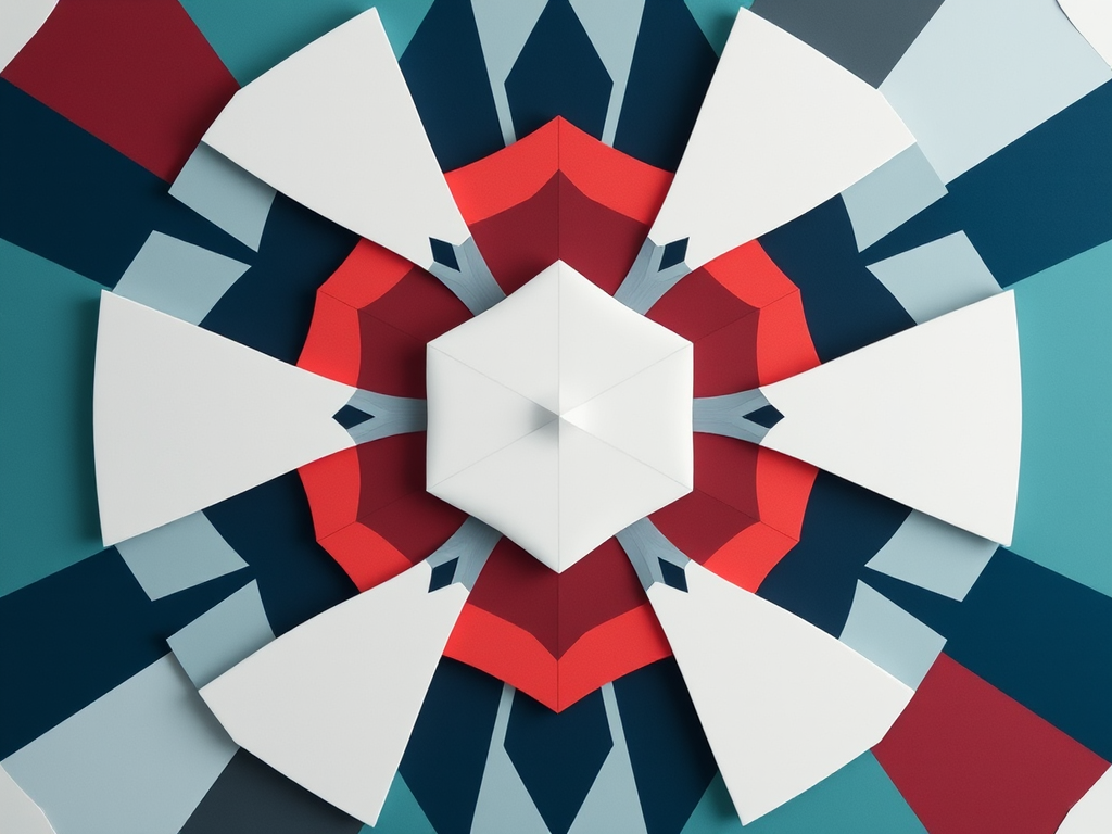 Generate an abstract geometric design with a focus on symmetry and contrasting colors, shot with a DSLR camera at 50mm, f/1.8 aperture, ISO 100, using a top-down view for enhanced detail and clarity.