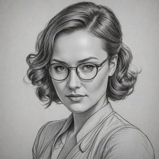 Elegant Briana Evigan, pencil sketch, portrait of Elegant woman 1940s in glasses, hair style beatnik, outline, clear lines, fine lines, 8k