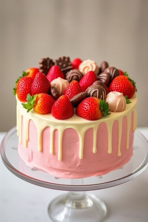A beautifully decorated cake with pink frosting and a white chocolate drip, topped with assorted strawberries and chocolate-covered treats, displayed on a glass cake stand with a soft blurred background.