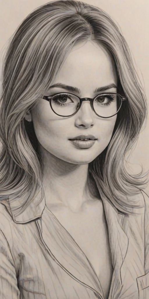 Pleasing Debby Ryan, pencil sketch, portrait of Elegant woman 1929s in glasses, hair style beatnik, outline, clear lines, fine lines, 8k