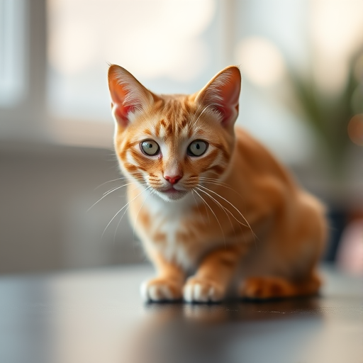 Capture a close-up of a ginger cat sitting on a dark surface with soft bokeh in the background, using a DSLR camera with a 50mm f/1.8 lens, aperture at f/2.8, ISO 200, shutter speed 1/125s, in natural light with a shallow depth of field.
