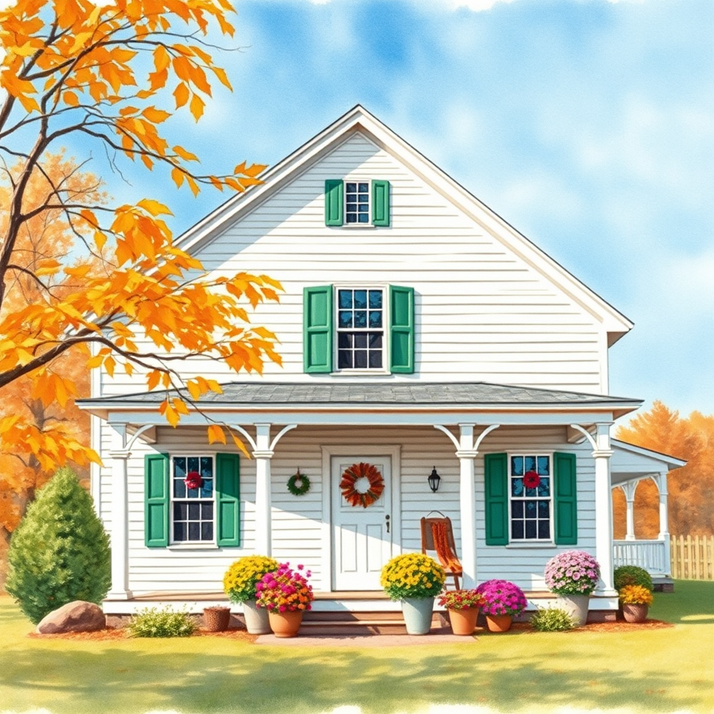 a white farmhouse with green shutters, vintage feel, blue sky, trees in autumn color, leaves slightly blowing in the breeze, colorful autumn flowers in pots on the front porch of the farmhouse, watercolor
