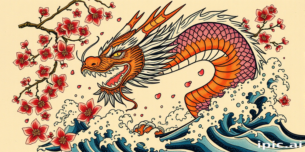 Ornate traditional Japanese irezumi tattoo named "Dragon's Whisper" with bold outlines and vibrant colors depicting a fierce dragon emerging from cherry blossoms and crashing waves