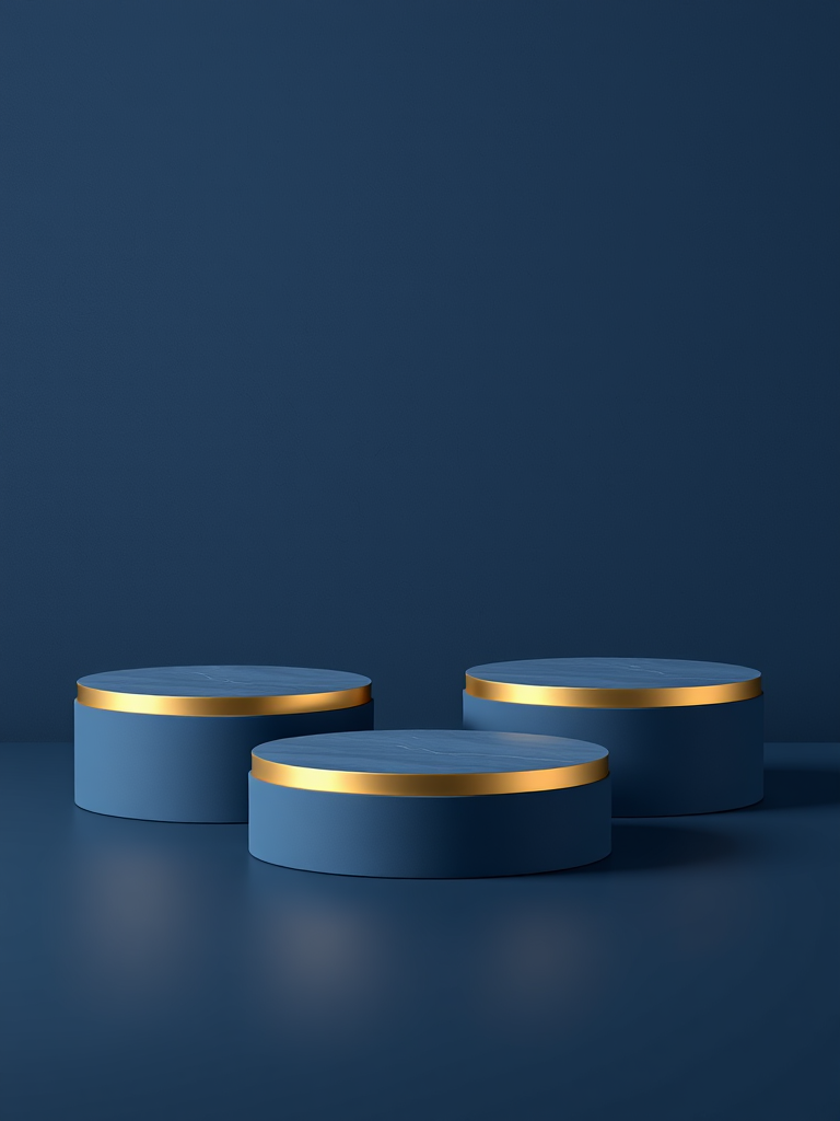 Create a high-resolution 3D rendering of four circular pedestals with metallic gold accents against a textured navy blue background, using a DSLR camera with a 50mm lens, f/1.8 aperture, ISO 100, and soft natural lighting for a dramatic effect.