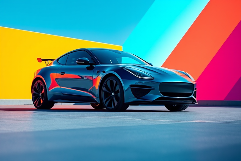 Create a high-resolution image featuring a sleek, modern design of a car with vibrant colors and dynamic angles, shot in natural light with a DSLR camera, 50mm lens, f/2.8 aperture, ISO 100, and a shallow depth of field for enhanced focus.