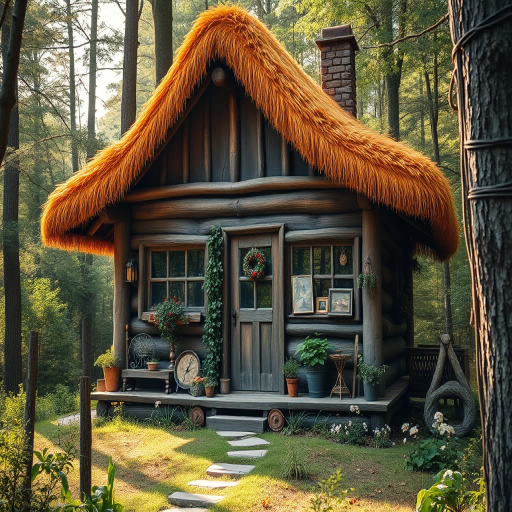 Create a cozy, whimsical cottage in a lush forest, featuring a thatched orange roof, wooden walls adorned with plants and rustic decorations, detailed front porch with various garden items, soft morning light filtering through trees, 24mm lens, f/4 aperture, ISO 200, shot from a low angle for depth, using a DSLR camera.