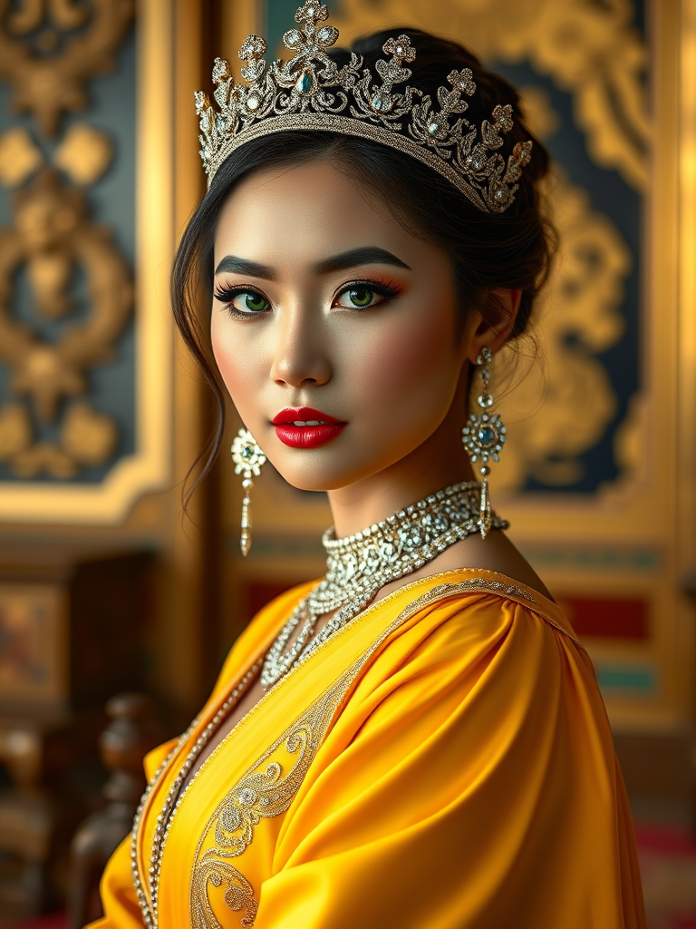 A gorgeous Tibetan woman in a luxurious Yellow gown, accessorized with a dazzling tiara and statement earrings, her deep green eyes highlighted by impeccable makeup, poised in a royal setting, photorealistic, 8K quality