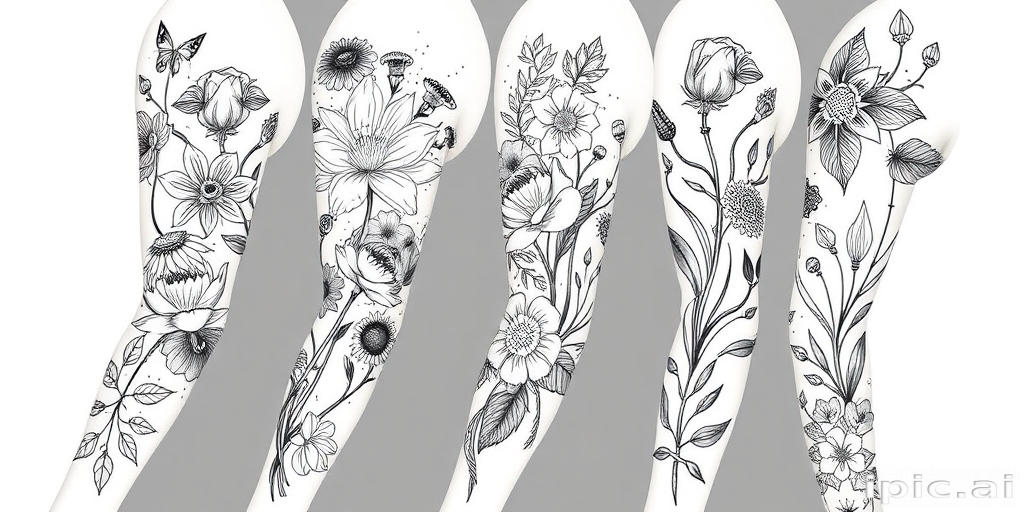 Botanical blackwork tattoo sleeve, showcasing intricate floral and plant designs with varying line weights and negative space to create depth and visual interest
