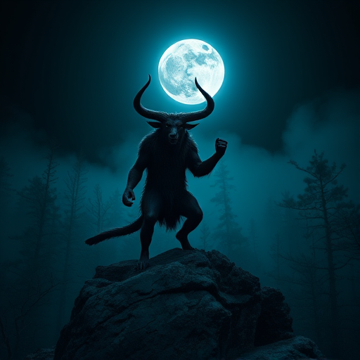 A mythical creature with large horns stands triumphantly on a rocky outcrop under a bright full moon, surrounded by a dark, misty forest in the background, high-resolution, shot with a Canon EOS R5, 24mm lens, f/1.4, ISO 100, long exposure for enhanced details and atmospheric lighting.