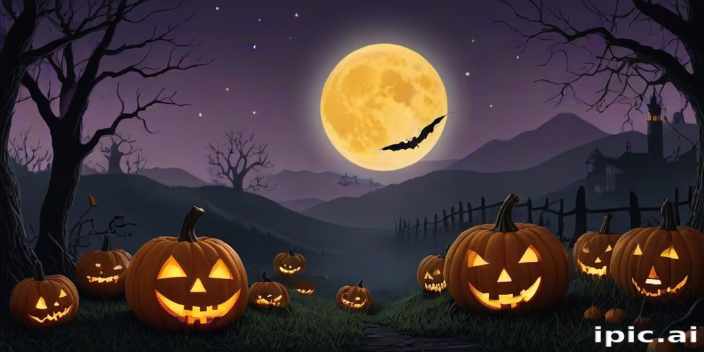 Hauntingly Beautiful Halloween Night with Glowing Pumpkins and Full Moon