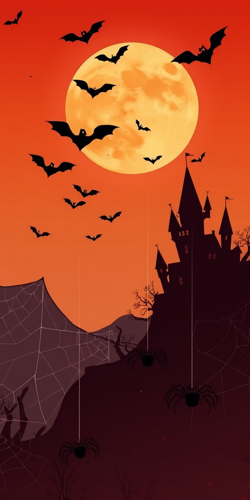 Create a spooky Halloween scene featuring a gradient sky transitioning from orange to dark red with silhouettes of bats flying. Include a large full moon and a creepy castle on one side, with spider webs and cartoonish spiders hanging in the foreground. Add some splashes of color to give a textured look to the background.