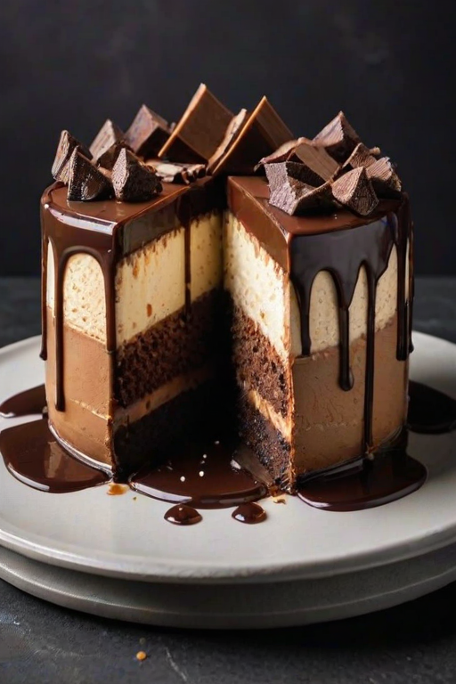 Create an image of a decadent dessert featuring layers of chocolate cake and creamy cheesecake, topped with a rich caramel sauce and chocolate chunks. The dessert should look indulgent and inviting, with a slice cut out to showcase the layers. Include a dark, moody background to enhance the dessert's appeal.
