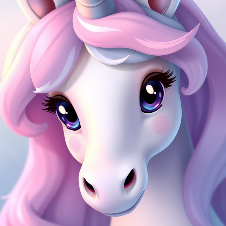 Unicorn character illustration with soft pastel colors, high resolution, close-up view, f/2.8 aperture, ISO 100, 50mm lens, digital art style.
