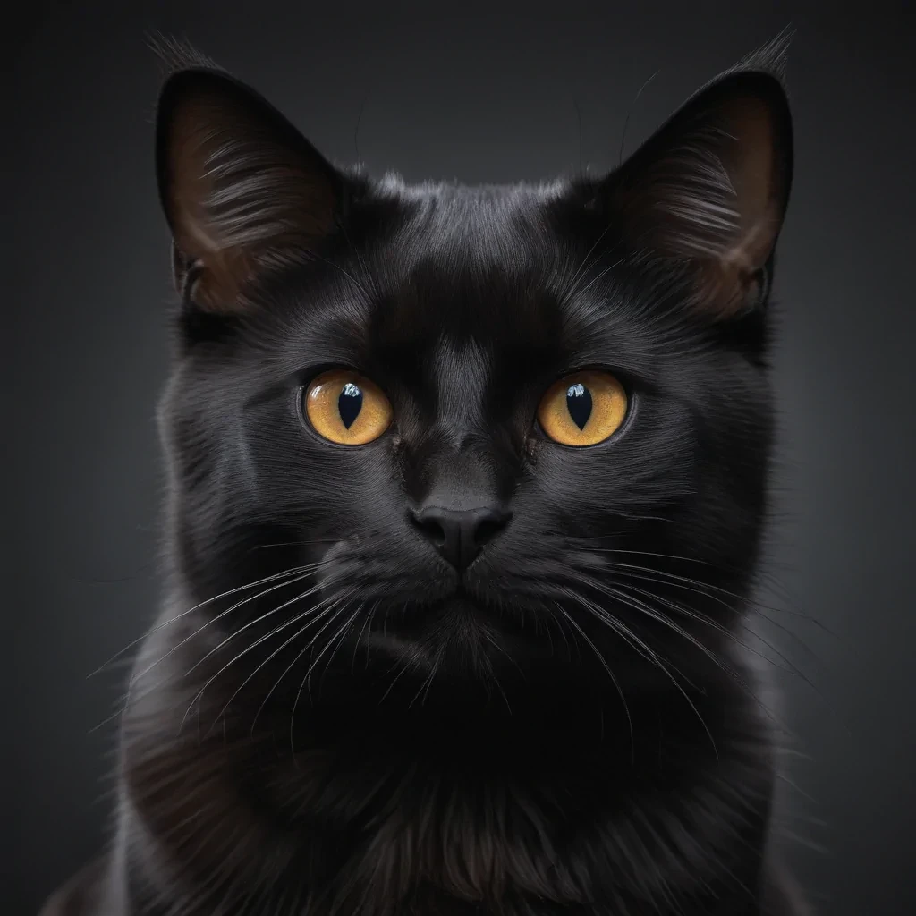 A Majestic Black Cat with Striking Yellow Eyes Against a Dark Background.