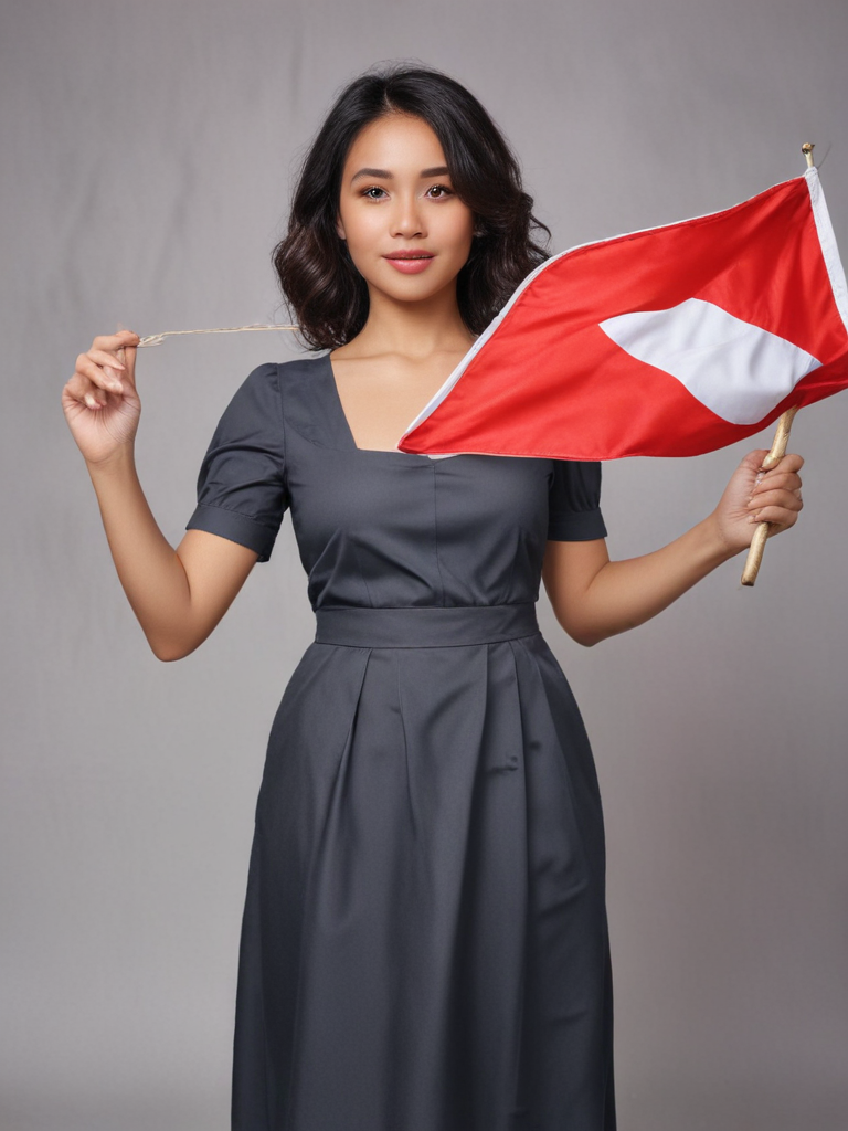 Fat dark skinned Indonesian maid wavy hair Hold Indonesian flag