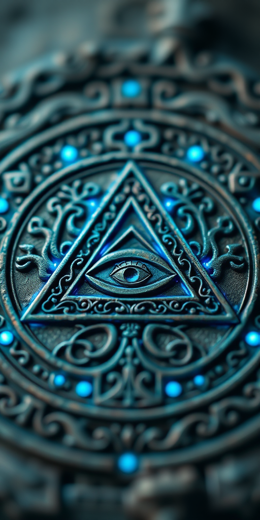 Create an intricate representation of an ancient symbol featuring an equilateral triangle with an eye in the center, surrounded by ornate tree-like patterns and glowing blue energy, captured with a DSLR camera at f/2.8, ISO 100, 24mm lens, shot in macro view to enhance detail with a soft focus background.