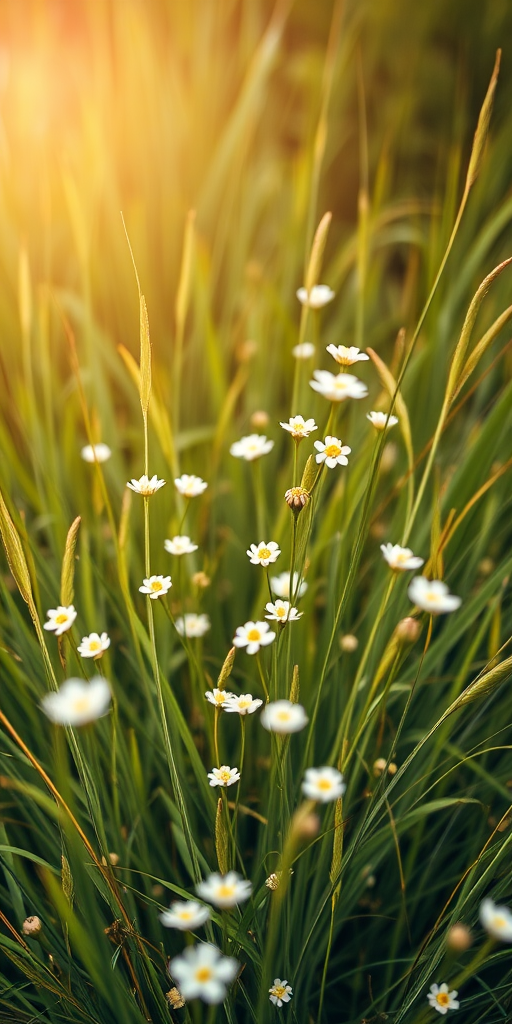 Create a vibrant image of a field with white flowers among tall green grass, featuring a shallow depth of field, soft focus, taken with a DSLR camera at f/2.8, 50mm lens, natural lighting, and an overhead view.