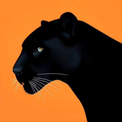 Create a high-resolution digital illustration of a black panther's head in profile against a soft orange gradient background, using a 50mm lens at f/2.8 aperture, ISO 100, with a focus on sharpness and detail, rendered in a vector art style.