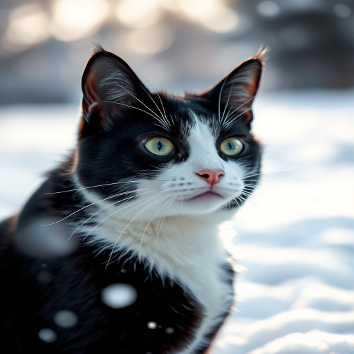 regenerate the image of a black and white cat in the snow, shallow depth of field, f/2.8, ISO 200, 1/500 sec, soft natural lighting, DSLR view, portrait-oriented, high-resolution