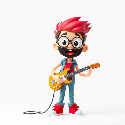 Create a vibrant cartoon character standing casually with a musical instrument like a guitar, against a plain white background, using a DSLR camera with a 50mm lens, f/2.8 aperture, ISO 200, and a shallow depth of field for an artistic blur effect.