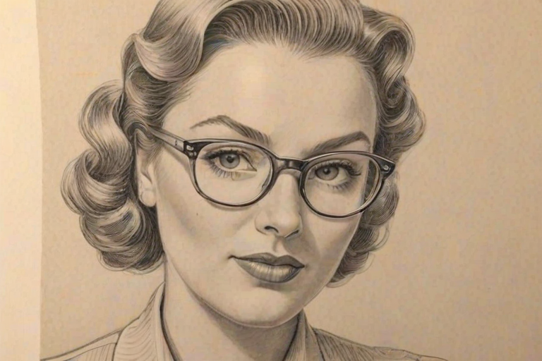 Wonderful Billi Mucklow, pencil sketch, portrait of Sublime woman 1940s in glasses, hair style beatnik, outline, clear lines, fine lines, 8k