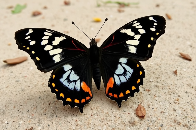 Generate an image of a butterfly with striking black wings featuring white and orange patterns. The butterfly is perched on a sandy surface with a few scattered leaves in the background, capturing the delicate details of its wings and the natural environment.