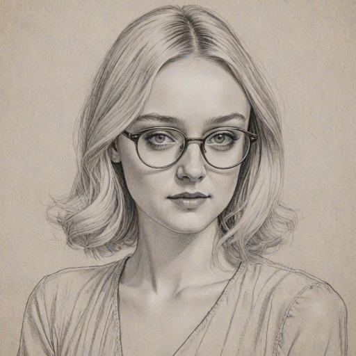 Elegant Dakota Fanning, pencil sketch, portrait of Fascinating woman 1937s in glasses, hair style beatnik, outline, clear lines, fine lines, 8k