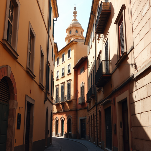 regenerate a high-resolution image of a narrow street lined with historical buildings in warm tones during daylight, using a DSLR camera with a 24mm lens, aperture f/8, ISO 100, 1/200s shutter speed, capturing a wide-angle perspective with natural lighting to enhance details and vibrancy.
