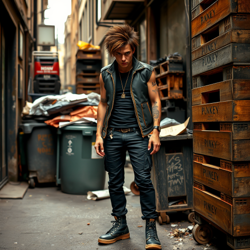 generate an ultra-realistic, highly detailed photograph of a punk. he's standing still, looking menacingly at the camera. he's in a narrow, dirty London street. there are wooden crates stacked up. overflowing rubbish bins, rubbish on the ground.