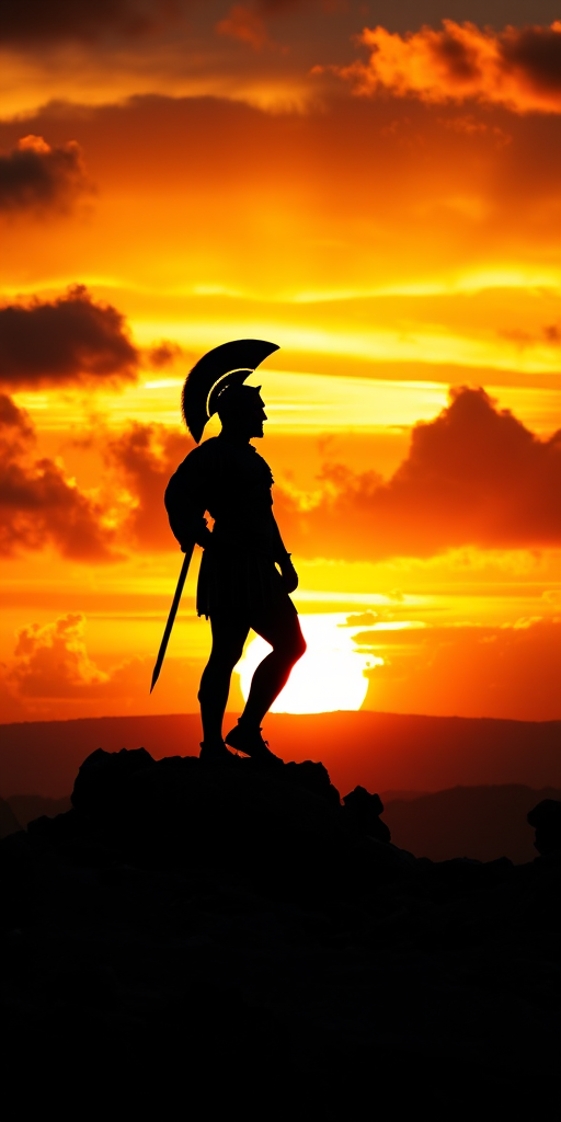 A silhouette of a Spartan warrior standing on a rocky outcrop against a vibrant sunset with dramatic clouds, captured with a Nikon D850, 50mm lens, f/1.8, ISO 100, shutter speed 1/200s, soft focus and high dynamic range settings to enhance colors and details.
