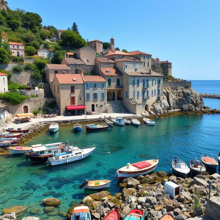 a serene coastal scene depicting colorful boats docked by picturesque stone buildings on a rocky shoreline surrounded by lush greenery and clear blue water