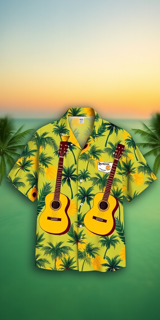 Tropical Hawaiian shirt with yellow guitars and palm trees on a green background, soft gradient sunset backdrop, shot with a Canon EOS R5, 50mm lens, f/2.8 aperture, ISO 100, natural soft lighting, top-down view for clear detail.