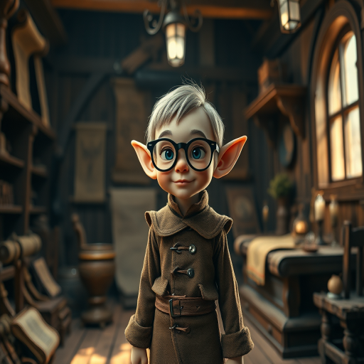 Create an image of a whimsical elf-like character with glasses standing in a dimly lit wooden room filled with ancient scrolls and rustic furniture, captured with a Canon EOS R5, 50mm lens, f/1.8 aperture, ISO 100, shutter speed 1/60 sec, in a soft focus style to enhance the magical atmosphere.