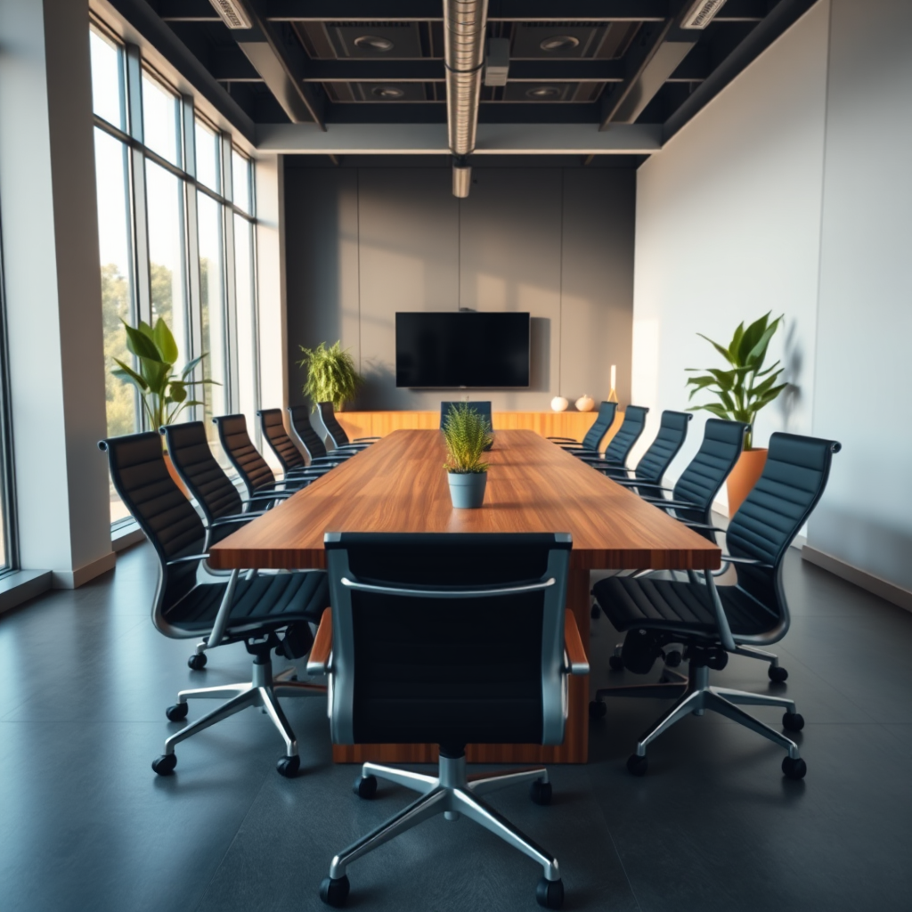 Create a high-resolution image of a modern conference room with a long wooden table surrounded by black ergonomic chairs, large windows letting in natural light, potted plants on the table and corners, and minimalist decor; use a Canon EOS R5 with a 24mm f/1.4 lens, aperture set to f/2.8, ISO 200, and a shutter speed of 1/60s, shot in a wide-angle view to capture the spaciousness and ambiance of the room.