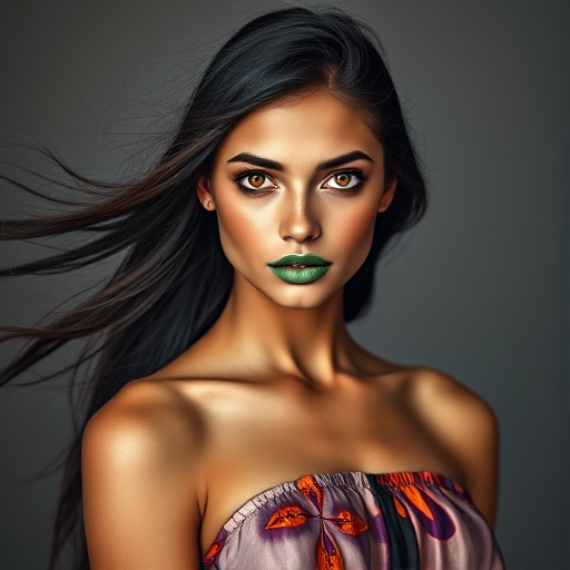 Photographic image of a beautiful young Aztec woman, orange eyes, lips with green lipstick, long hair fluttering in the wind and wearing a silk strapless dress with a soft purple and orange print. monochrome image with only color highlights in the iris of the eyes, lipstick and dress. Gray background.