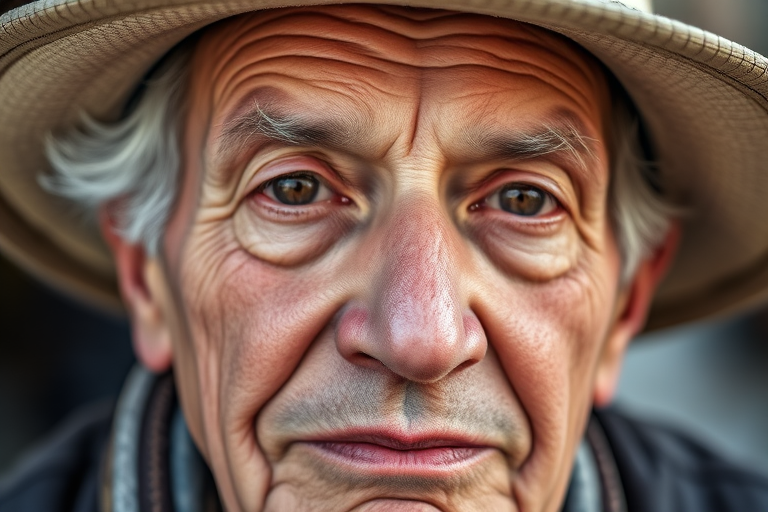 A close-up portrait of an elderly man wearing a hat, showcasing intricate details of his face and skin texture, captured with a DSLR camera, 85mm lens, f/1.8 aperture, ISO 100, natural lighting for enhanced depth and clarity.