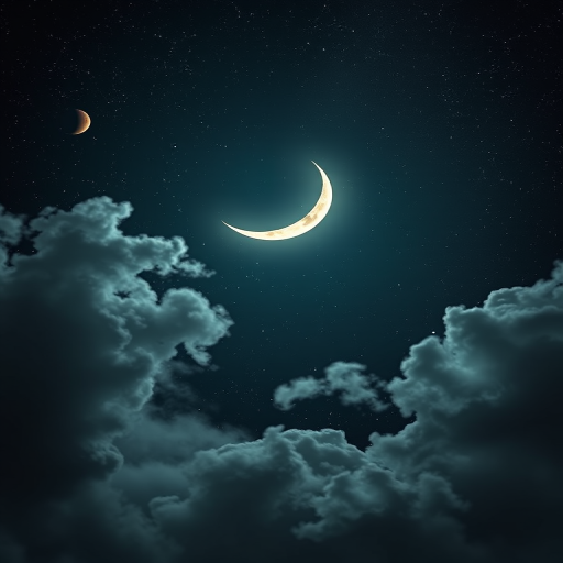 create a surreal night sky scene featuring a smiling crescent moon surrounded by clouds and distant planets, with intricate details, shot with a Canon EOS R5, 50mm lens at f/1.4, ISO 100, and a soft focus effect to enhance ethereal quality