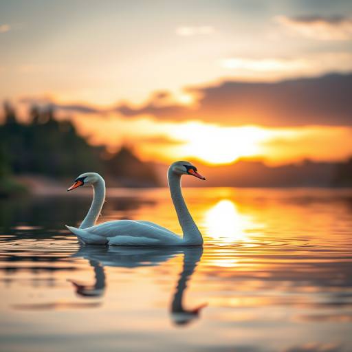 Create a serene image of two swans gracefully gliding on a calm lake at golden hour, using a DSLR camera with a 50mm lens, aperture set to f/1.8, ISO 100, shutter speed of 1/200s, focus on the swans with blurred background for depth.