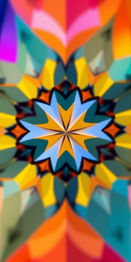 Generate an abstract geometric pattern with vibrant colors, using a DSLR camera with a 50mm lens, aperture f/1.8, ISO 200, captured from a close-up view with a shallow depth of field.