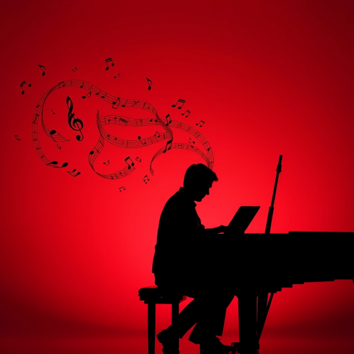 Generate an image of a silhouette of a person playing a grand piano with musical notes flowing from the instrument against a solid coral background, using a Canon EOS 5D Mark IV, 50mm lens, f/1.8 aperture, ISO 100, shot in soft focus style.