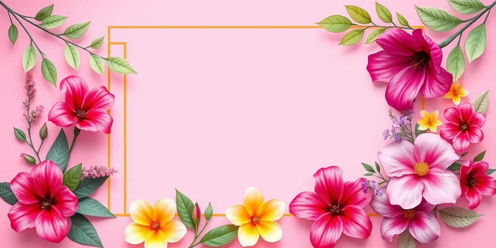 Create a floral vector illustration featuring a pink background with layered frames, vibrant flowers, and leaves in a soft, modern aesthetic shot with a DSLR camera, 50mm lens, f/2.8 aperture, ISO 100, and natural lighting for enhanced colors and details.