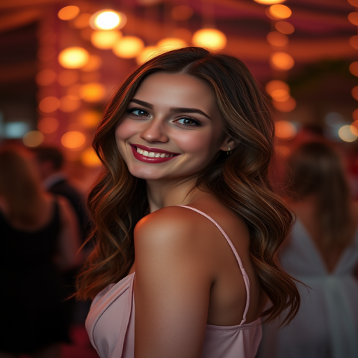 A cinematic portrait of a young woman with long, wavy brown hair smiling warmly towards the camera, she is wearing a light, delicate, sleeveless dress with thin straps, the lighting in the scene is a rich mix of warm tones deep oranges, soft reds, and subtle hints of pink creating a vibrant yet intimate atmosphere that suggests a lively evening event, such as a wedding or a sophisticated party, the background is filled with softly blurred figures, creating a bokeh effect with round, diffused lights hanging in the distance, enhancing the depth and adding a dreamy quality to the image, the woman is captured in a slightly angled pose, with her body turned partially to the side, her right shoulder is closer to the camera, creating a dynamic perspective, her chin is slightly lifted, accentuating her jawline, and her head is tilted gently to her left, adding a playful yet elegant touch to her demeanor, her smile is wide and genuine, with her lips softly parted, exuding warmth and approachability, her eyes are bright and full of life, capturing the viewer's attention with a sparkle that suggests joy and contentment, her hair cascades naturally over her shoulders, with soft waves framing her face, the lighting casts a soft glow on her skin, which is smooth and radiant, the slightly low angle of the shot adds to the sense of confidence and poise in her posture, the background is softly out of focus, with a bokeh effect occupying about 80% of the space, allowing the main subject to stand out while the figures behind her remain abstract, contributing to the overall sense of depth and warmth in the composition, The background showcases a meticulously crafted bokeh effect, occupying around 80% of the background space, with the blur strength set to a medium-high level, creating a smooth, creamy texture that softly dissolves the details of the figures behind her. The bokeh lights are a mixture of warm tones primarily soft oranges and reds adding to the intimate atmosphere of the scene