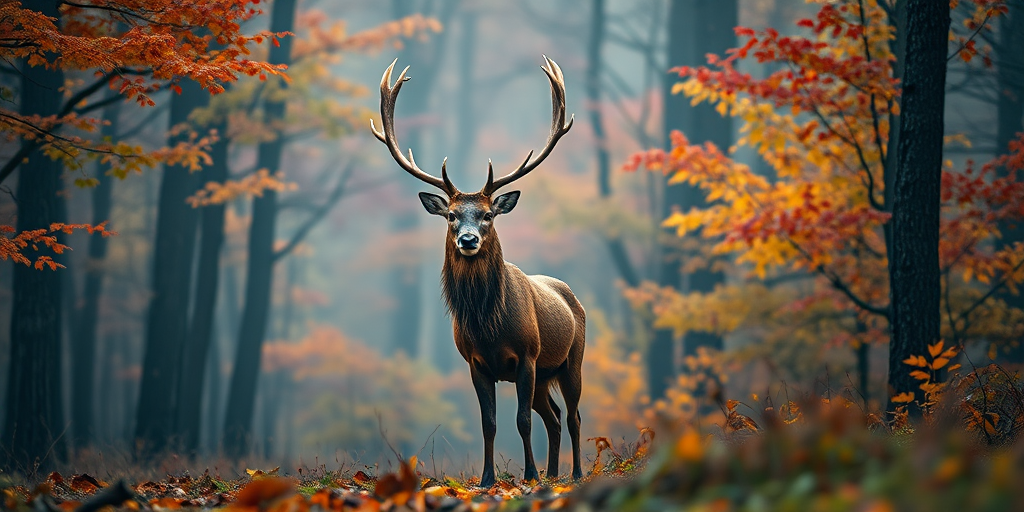 A majestic stag standing confidently in a misty forest with vibrant autumn colors, soft ethereal lighting, taken with a DSLR camera at f/2.8 aperture, 50mm focal length, ISO 100, in portrait view, using vibrant color profile and high dynamic range settings for enhanced detail and color richness.